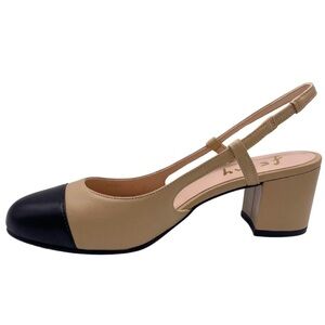 French Sole Tan and Black Slingback Heels
